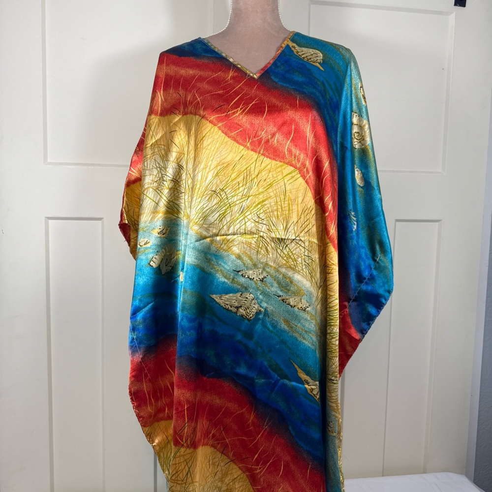 Vibrant Multi-Color Satin Kaftan – Women’s Flowing Cover-Up